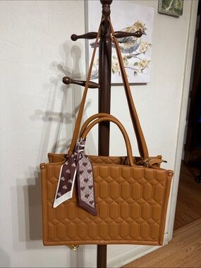 Steve Madden INSPIRED Brown Quilted Tote Bag with Scarf Accent
